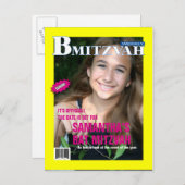 Bat Mitswa Magazine Bewaar de datum geel roze Aankondigingskaart (Voorkant / Achterkant)