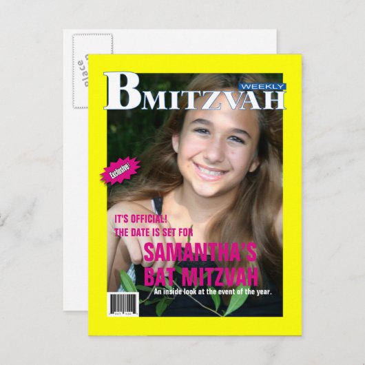 Bat Mitswa Magazine Bewaar de datum geel roze Aankondigingskaart (Voorkant / Achterkant)