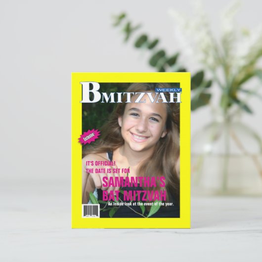 Bat Mitswa Magazine Bewaar de datum geel roze Aankondigingskaart (Staand voorkant)