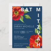 Bat Mitswa Navy Blauw Rood Bloemen Waterverf Moder Kaart (Voorkant)