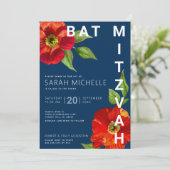 Bat Mitswa Navy Blauw Rood Bloemen Waterverf Moder Kaart (Staand voorkant)