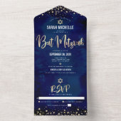 Bat Mitswa Navy Gold Glitter Script Modern Bold All In One Uitnodiging (Binnen)