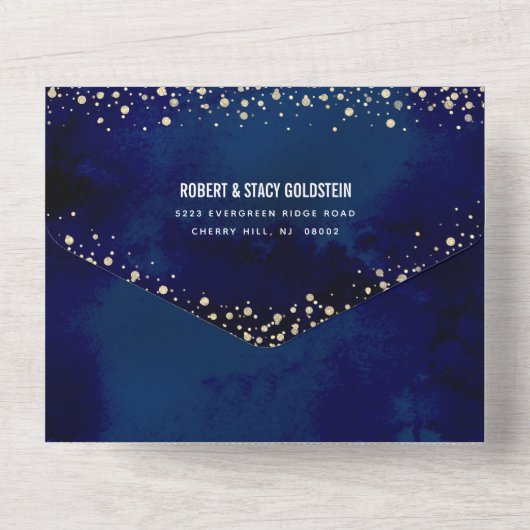 Bat Mitswa Navy Gold Glitter Script Modern Bold All In One Uitnodiging (Achterkant)