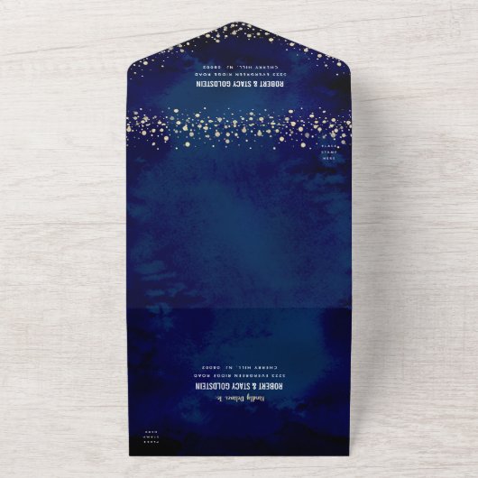 Bat Mitswa Navy Gold Glitter Script Party Modern All In One Uitnodiging (Buitenkant)