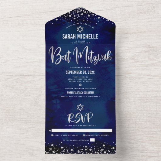 Bat Mitswa Navy Zilver Glitter Script Modern Bold All In One Uitnodiging (Binnen)