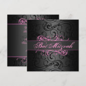 Bat Mitswa Pink & Black Swirl Verjaardag Uitnodigi Kaart (Voorkant / Achterkant)