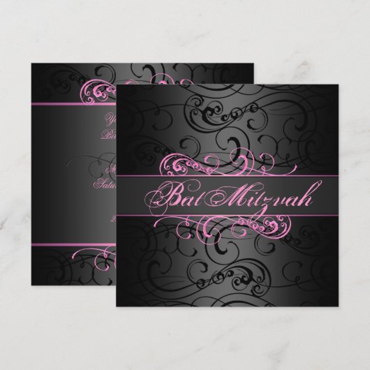 Bat Mitswa Pink & Black Swirl Verjaardag Uitnodigi Kaart (Voorkant / Achterkant)