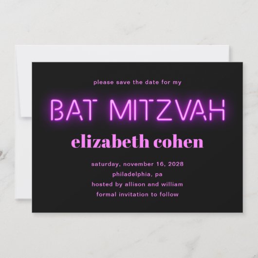 Bat Mitswa Pink Neon Lights QR-code Save the Date Kaart (Voorkant)