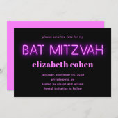 Bat Mitswa Pink Neon Lights QR-code Save the Date Kaart (Voorkant / Achterkant)