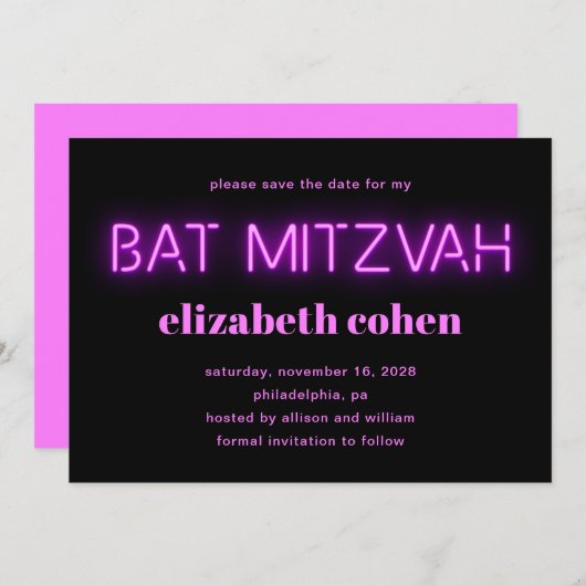 Bat Mitswa Pink Neon Lights QR-code Save the Date Kaart (Voorkant / Achterkant)