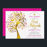 Bat Mitswa Red Gold Foil Tree of Life Modern Bold Kaart<br><div class="desc">Wees trots, blij en toon deze mijlpaal van je favoriete Bat Mitzvah! Deze grafische faux gouden folie-boom met dunne roze, oranje en rode ster van David en puntige "bladeren" op een witte achtergrond is de perfecte uitnodiging voor deze speciale gelegenheid. Een kleine, donkerrode ster van David-patroon met een warm roze...</div>