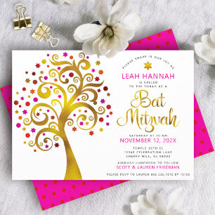 Bat Mitswa Red Gold Foil Tree of Life Modern Bold Kaart