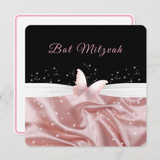 Bat Mitswa Roze Satijn Vlindersprankeling Kaart (Voorkant / Achterkant)