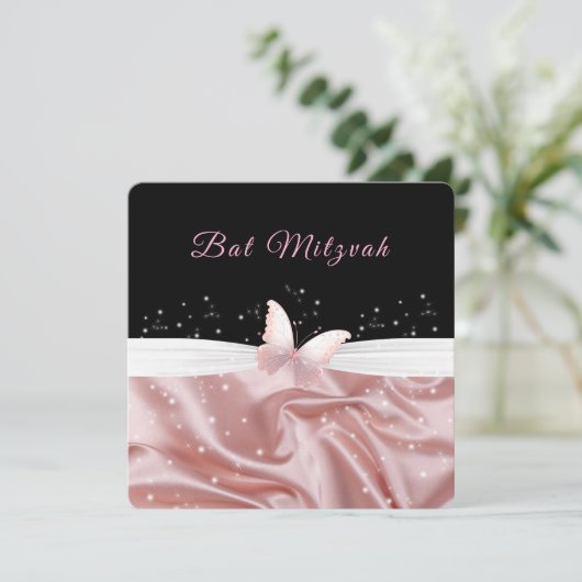 Bat Mitswa Roze Satijn Vlindersprankeling Kaart (Staand voorkant)