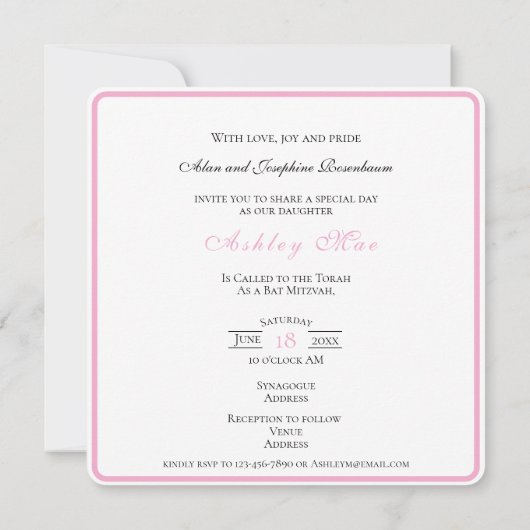 Bat Mitswa Roze Satijn Vlindersprankeling Kaart (Achterkant)