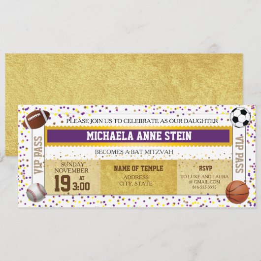 Bat Mitswa Sports Theme-ticketuitnodiging Kaart (Voorkant / Achterkant)