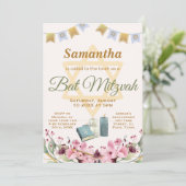 Bat mitswa uitnodiging: Bloemen, torah Kaart (Staand voorkant)