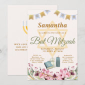 Bat mitswa uitnodiging: Bloemen, torah Kaart (Voorkant / Achterkant)