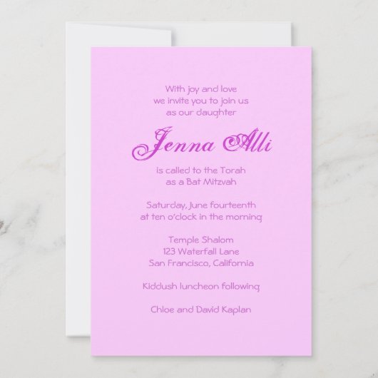 Bat Mitswa Uitnodiging Jenna Alli Roze Torah (Achterkant)