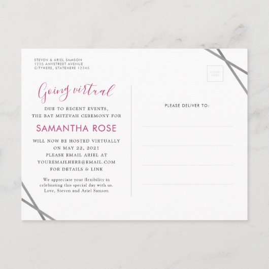 Bat Mitswa Verandering van Plannen Modern Roze Zil Aankondigingskaart (Achterkant)