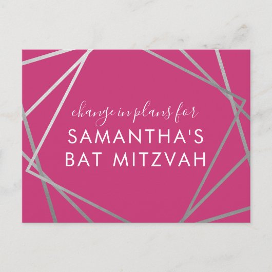 Bat Mitswa Verandering van Plannen Modern Roze Zil Aankondigingskaart (Voorkant)