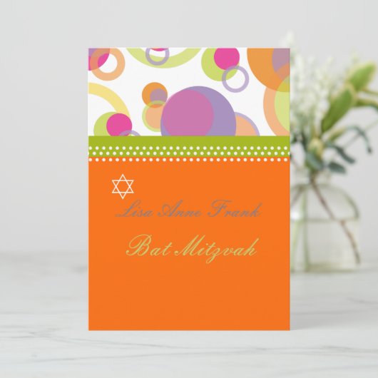 Bat Mitvah+Mod Bubbles/oranje/hete roze Kaart (Staand voorkant)