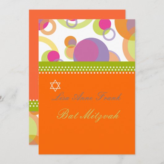 Bat Mitvah+Mod Bubbles/oranje/hete roze Kaart (Voorkant / Achterkant)