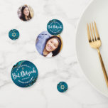 Bat Mitzvah 2 Foto Agaat Turquoise Ombre Script Confetti<br><div class="desc">Voeg wat extra stijl toe aan je favoriete feestje van Bat Mitzvah met deze aanpasbare tafelconfetti! White script typografie en Star of David overlay een diepe turquoise blauwgroen blauwe ombre achtergrond met turquoise blauwe agaat stenen geaccentueerd met faux gouden aderen aan een kant. De foto van jouw Bat Mitzvah staat...</div>