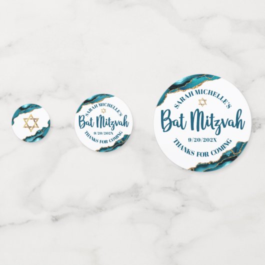 Bat Mitzvah 2 Foto Turquoise Agate Gold Script Confetti (Achterkanten)