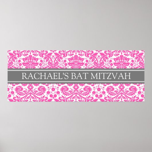 Bat Mitzvah Aangepaste naam Banner Roze Damask Poster (Voorkant)