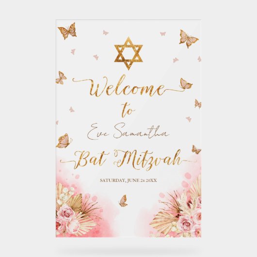 Bat Mitzvah Acryl Welkomstbord Roze Vlinders Acryl Bord (Voorkant)