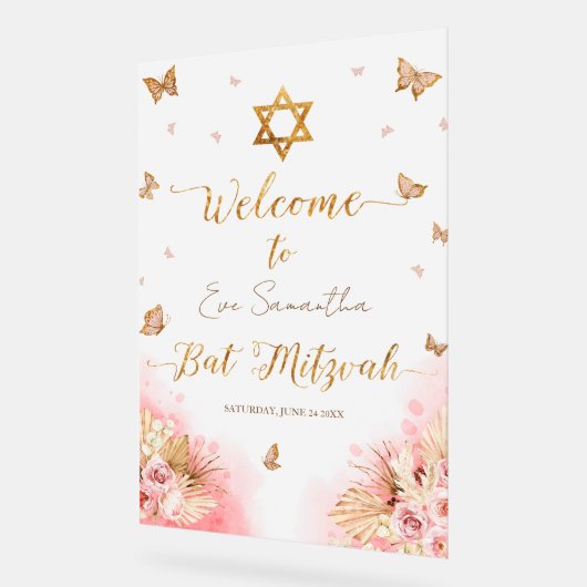 Bat Mitzvah Acryl Welkomstbord Roze Vlinders Acryl Bord (Hoek)