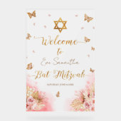 Bat Mitzvah Acryl Welkomstbord Roze Vlinders Bord (Voorkant)