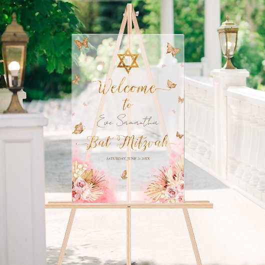 Bat Mitzvah Acryl Welkomstbord Roze Vlinders Bord