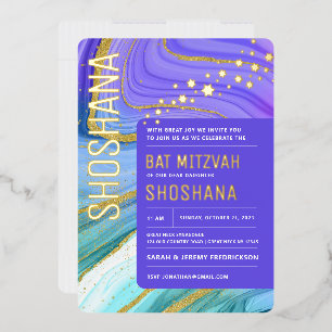 BaT Mitzvah Agate Marble REAL GOLD Foil Invitation Folie Uitnodiging