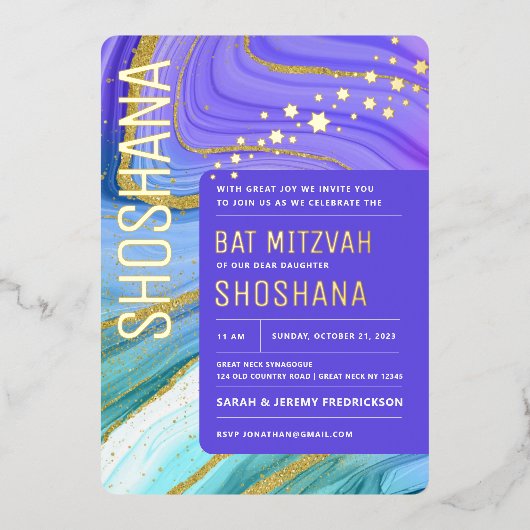 BaT Mitzvah Agate Marble REAL GOLD Foil Invitation Folie Uitnodiging (Voorkant)