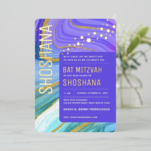BaT Mitzvah Agate Marble REAL GOLD Foil Invitation Folie Uitnodiging (Staand Voorkant)