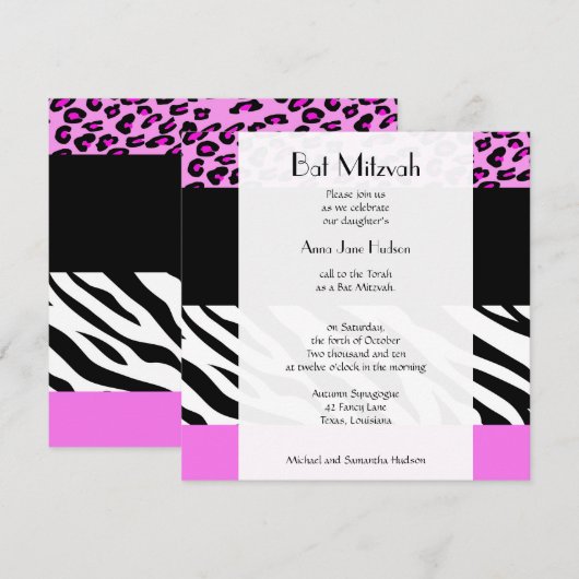 Bat Mitzvah - Animal Print, Zebra, Leopard - Roze Kaart (Voorkant / Achterkant)