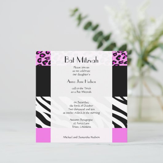 Bat Mitzvah - Animal Print, Zebra, Leopard - Roze Kaart (Staand voorkant)