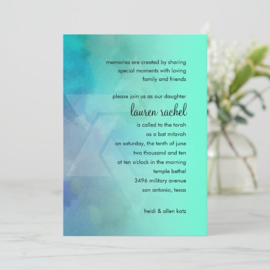 Bat Mitzvah Aqua en Blue Star van David Kaart (Staand voorkant)