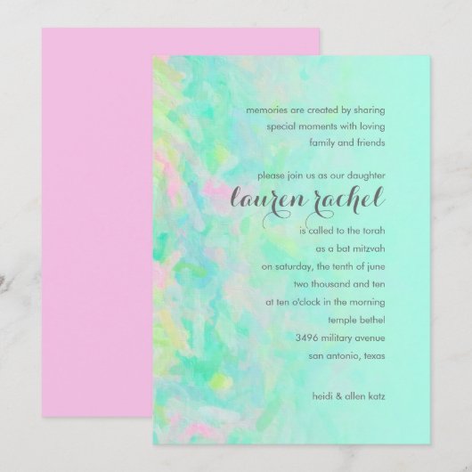 Bat Mitzvah Aqua en Roze design Kaart (Voorkant / Achterkant)