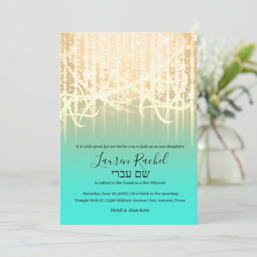 Bat Mitzvah Aqua Gold Sparkly Lights Kaart (Staand voorkant)