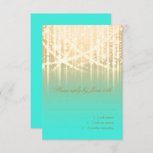 Bat Mitzvah Aqua Green en Gold Sparkly Lichten RSVP Kaartje (Voorkant / Achterkant)