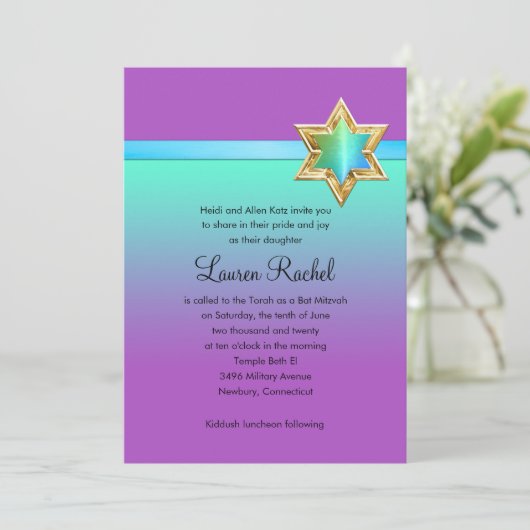 Bat Mitzvah Aqua Green Ombre Ribbon en Star Kaart (Staand voorkant)