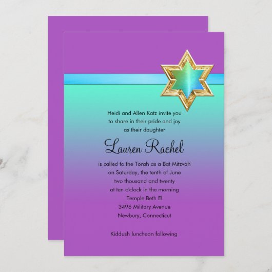 Bat Mitzvah Aqua Green Ombre Ribbon en Star Kaart (Voorkant / Achterkant)