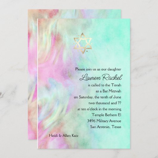Bat Mitzvah Aqua Tie Dye Design Invitation Kaart (Voorkant / Achterkant)