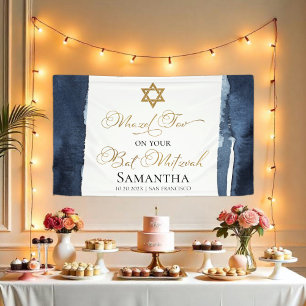 Bat Mitzvah Banner Navy Blue Waterverf Abstract