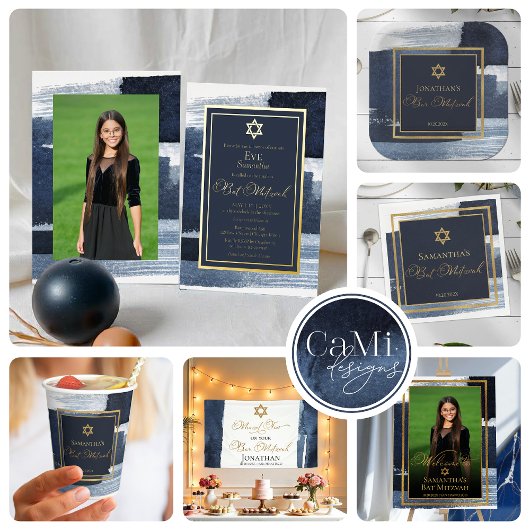 Bat Mitzvah Banner | Navy Blue Waterverf Abstract