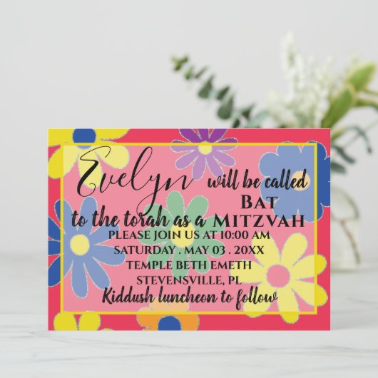 Bat Mitzvah Bar Mitzvah Groovy Flower Invitation Kaart (Staand voorkant)