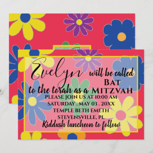 Bat Mitzvah Bar Mitzvah Groovy Flower Invitation Kaart (Voorkant / Achterkant)